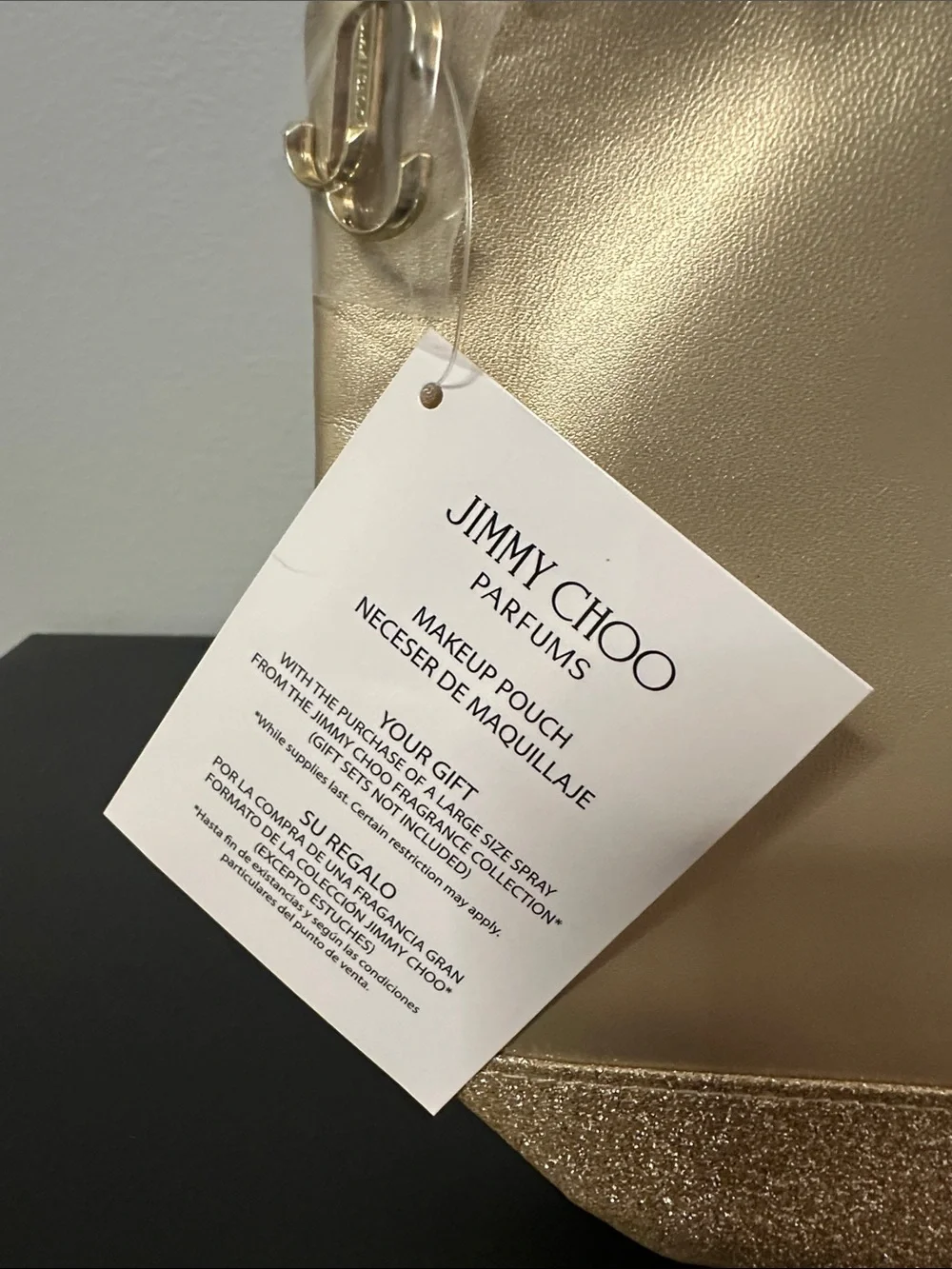 NWT Jimmy Choo Gold Parfumes Cosmetic Pouch w Glitter Trim & Gold Zipper Charm